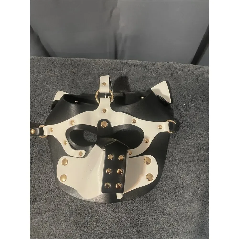 Black & White Leather Dog Mask Harness Muzzle with Gold Studs NWOT